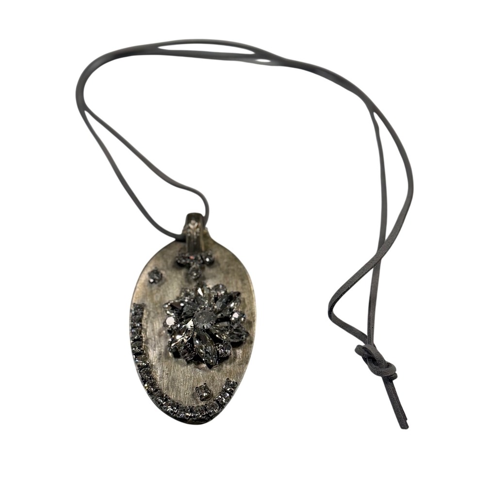 Unbranded‎ Spoon Pendant Necklace Silver Rhinestone Crystal Statement Boho Cord